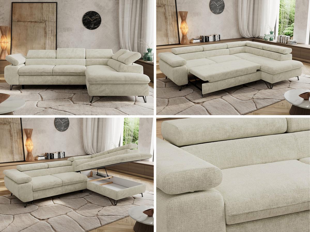 ECKSOFA PABLO L Creme Schenille grob gewebt - Rechts Seite - Creme/Schwarz, Textil/Metall (273/208cm) - MKS