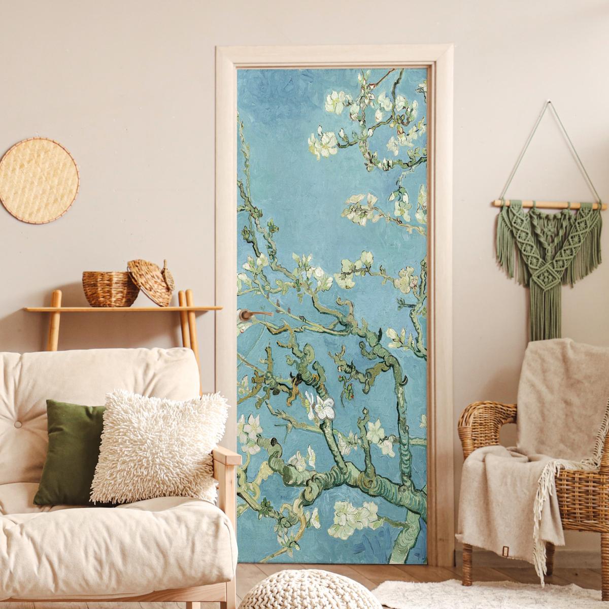 TÜRAUFKLEBER Mandelblüte - Van Gogh - Kunst 85x215 cm - Türtapete - Pastellblau, Kunststoff (85/0.1cm) - MuchoWow
