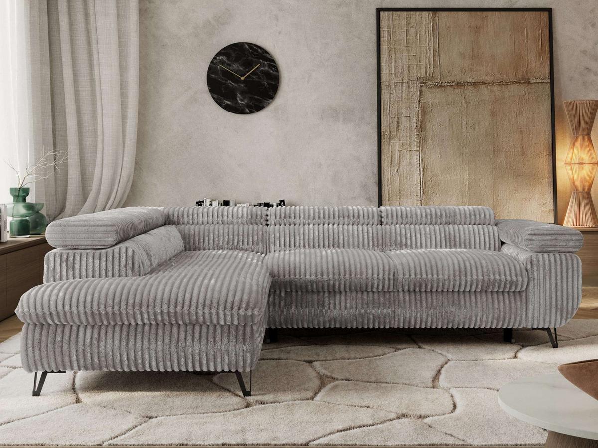 ECKSOFA PABLO L Hellgrau Cord - Links Seite - Hellgrau/Schwarz, Textil/Metall (208/273cm) - MKS