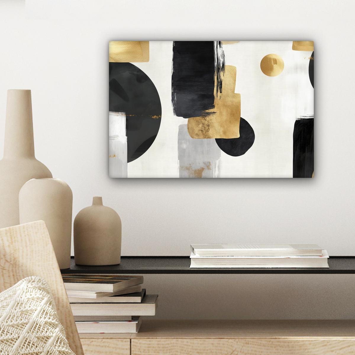 LEINWANDBILD Gold - Rechtecke - Kreise - Abstrakt Deko Schlafzimmer 30x20 cm - Weiß, Textil (30/20cm) - MuchoWow