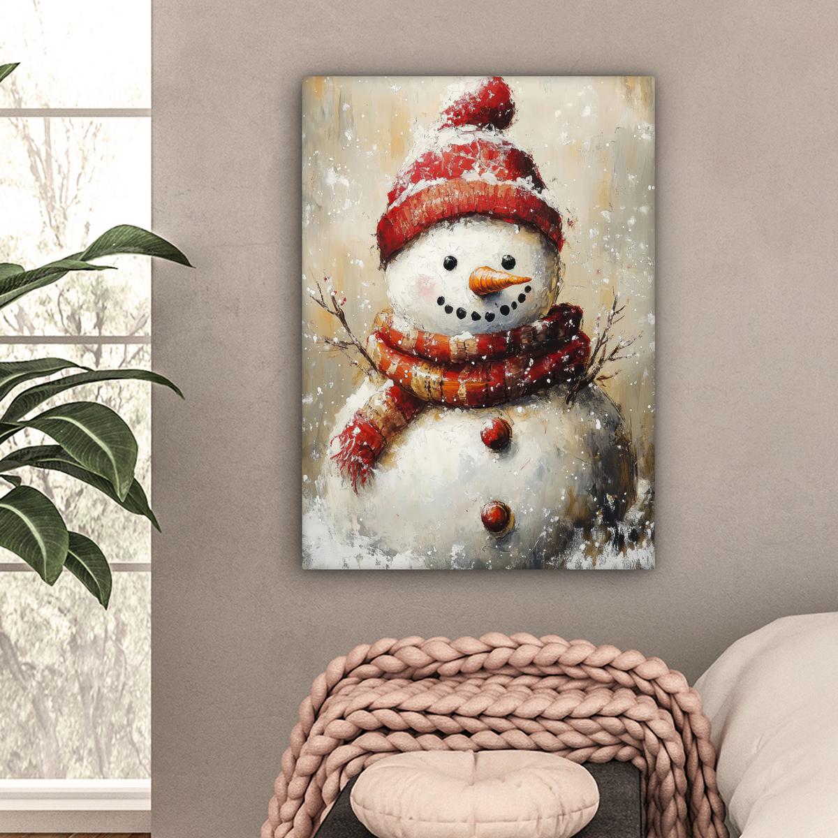 LEINWANDBILD Schneemann - Winter - Schnee - Beige Wandbild Wohnzimmer 60x80 cm - Weiß, Textil (60/80cm) - MuchoWow