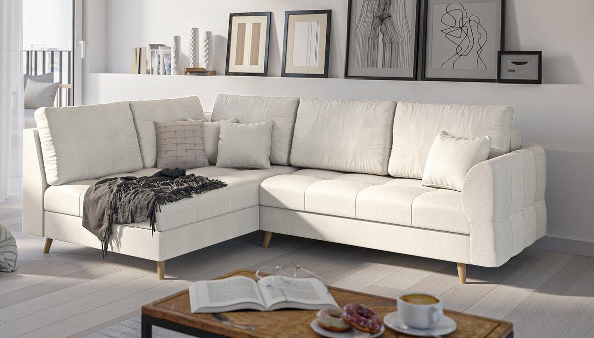 ECKSOFA Lorine Mikrofaser Ecru - Ecru/Hellbraun, Buchenholz/Textil (231/161cm) - S-Style Möbel