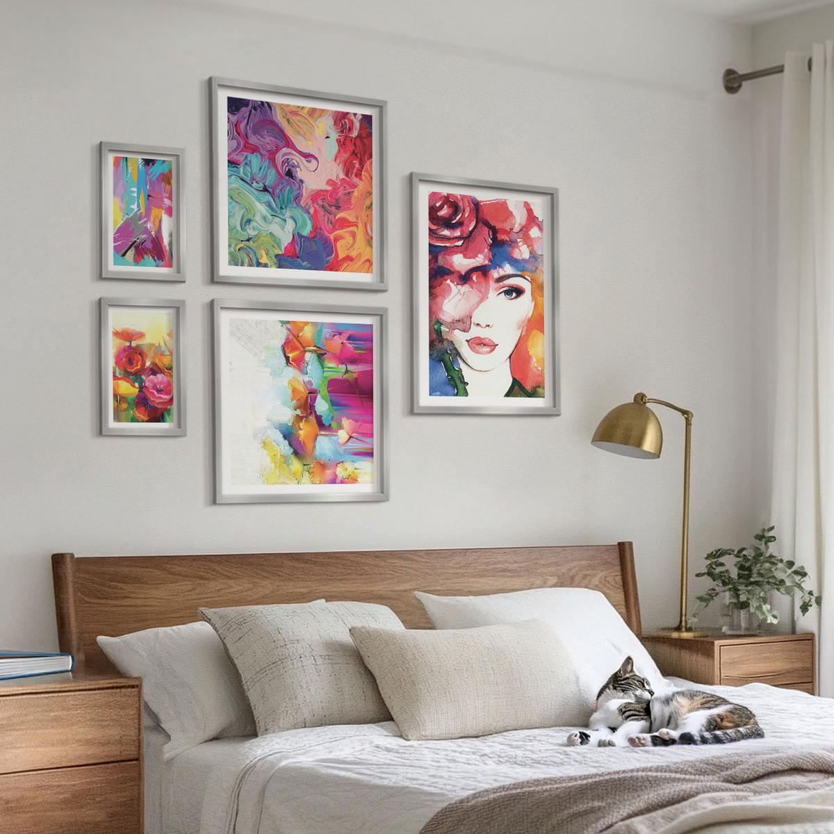 BILDER SET 5er Set - 50x50 cm & 20x30 cm & 40x60 cm Silberner Rahmen - Farbenfrohe Abstraktionen der Form - Silberfarben, Kunststoff (40/60cm) - TULUP