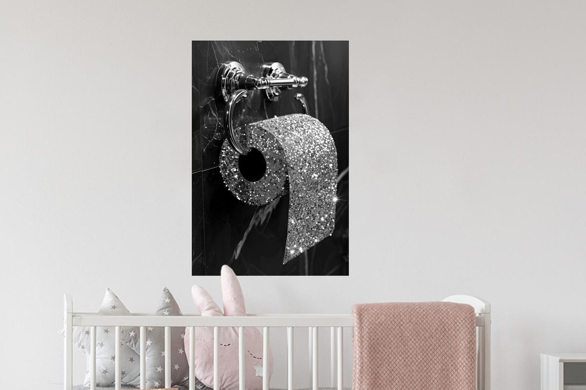 WANDTATTOO WC - Toilettenpapier - Schwarz und weiß - Glitter Wandbild 40x60 cm - Silberfarben, Kunststoff (40/60/0.1cm) - MuchoWow
