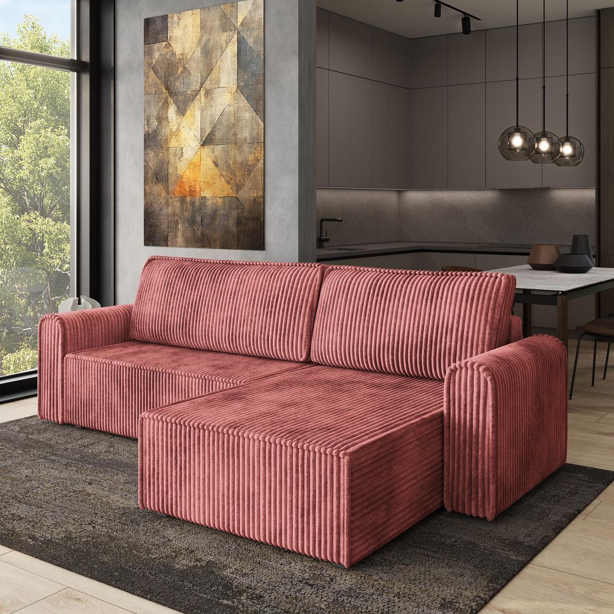 ECKSOFA VALTINO Rosa Kordstoff mit Schlaffunktion - Rosa, Holz (275/148cm) - MASSENO