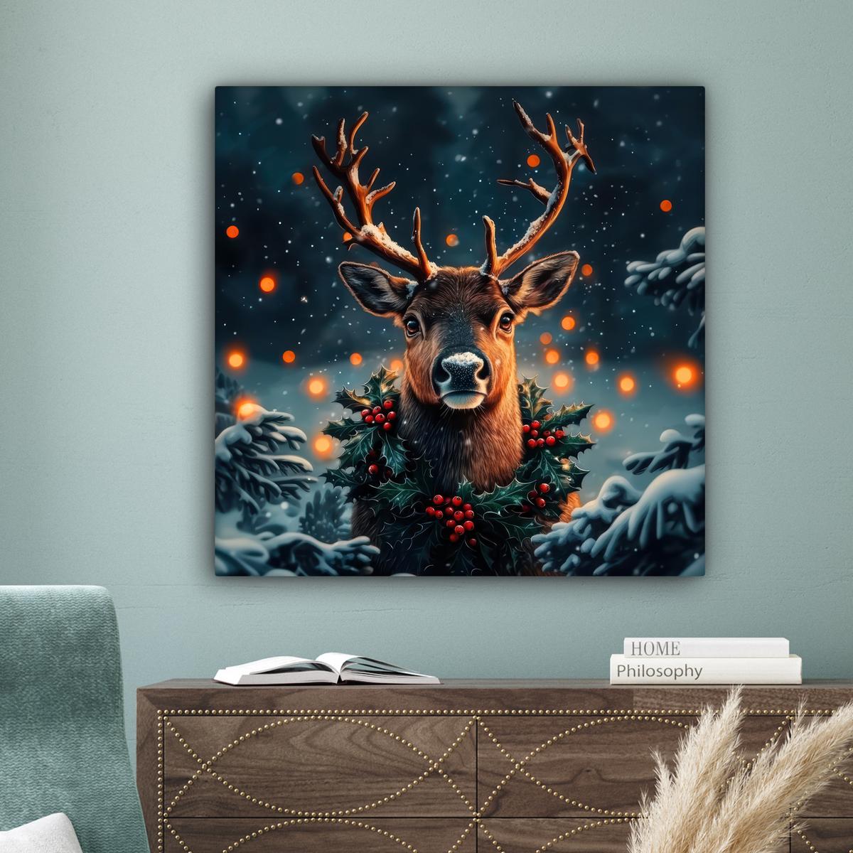 LEINWANDBILD Hirsch - Weihnachten - Winter - Schnee - Weihnachtskranz Deko Groß 90x90 cm - Dunkelbraun, Textil (90/90cm) - MuchoWow