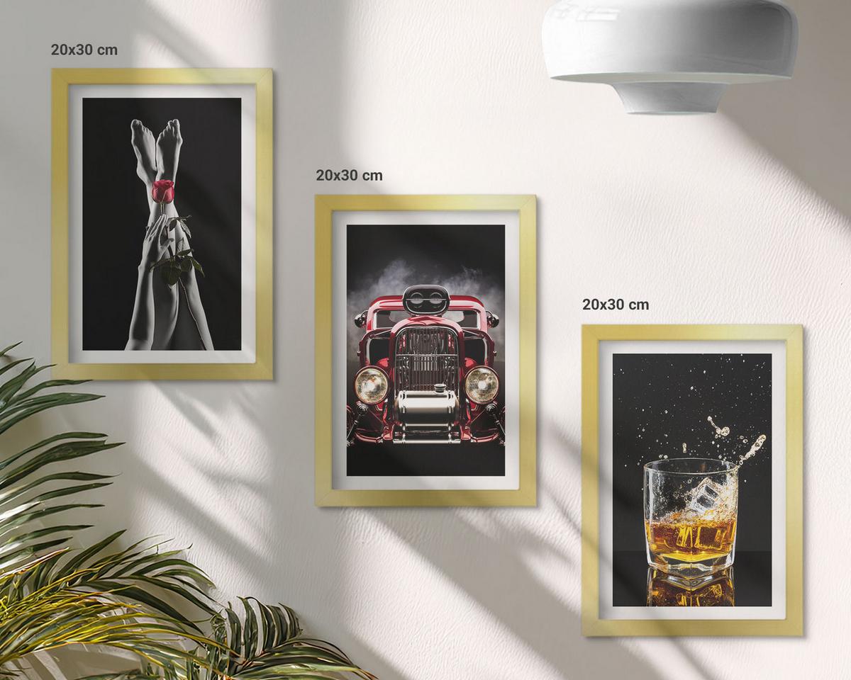 BILDER SET 3er Set - 20x30 cm Goldrahmen - Frauenbeine Rosenauto Whisky - Goldfarben, Kunststoff (20/30cm) - TULUP