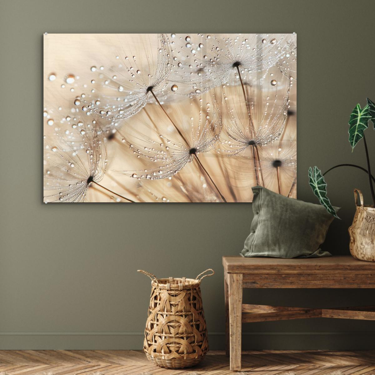 ACRYLGLASBILD Löwenzahn - Abstrakt - Natur - Beige Wandbild Schlafzimmer 120x80 cm - Braun, Glas (120/80cm) - MuchoWow