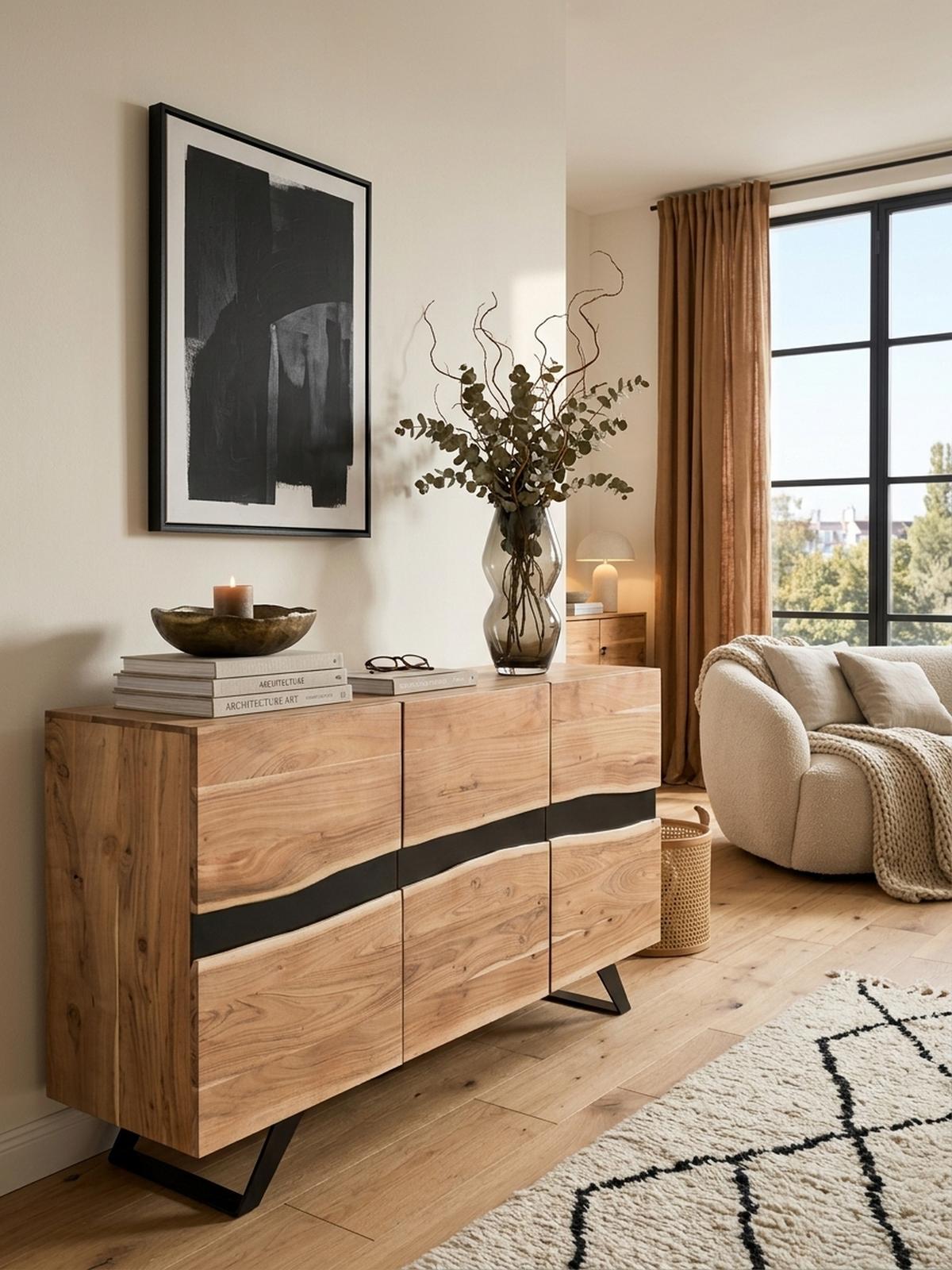 SIDEBOARD – Akazie Massivholz, 148x85x43 cm, Baumkante, Landhausstil, breit - Schwarz/Braun, Akazienholz/Holz (148/85/43cm) - KADIMA DESIGN