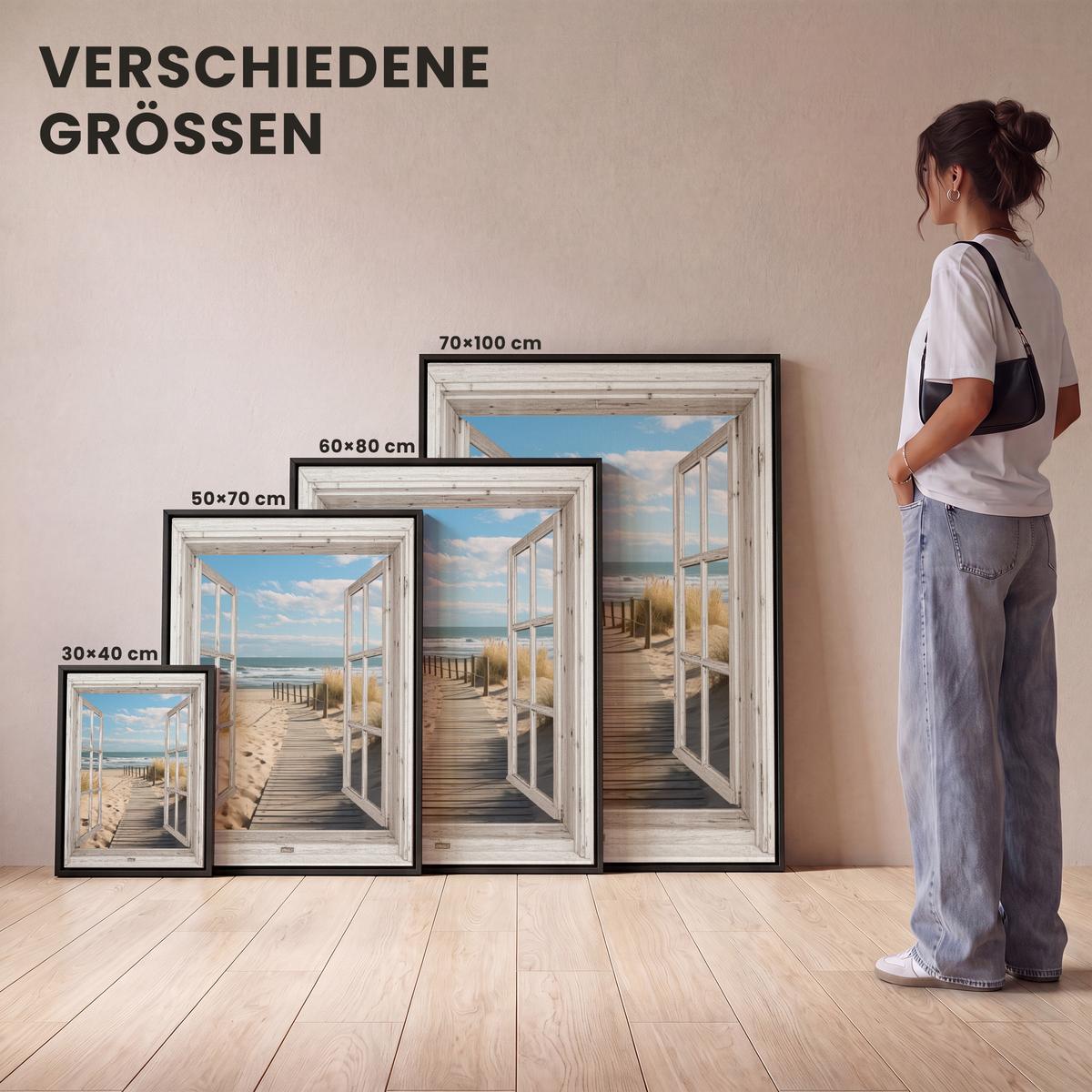 LEINWAND Bilder mit Rahmen - Fenster - Meer - Küste - Natur - Ausblick - Strand - Wattenmeer - 30x40 - Beige, Textil (30/40cm) - MuchoWow