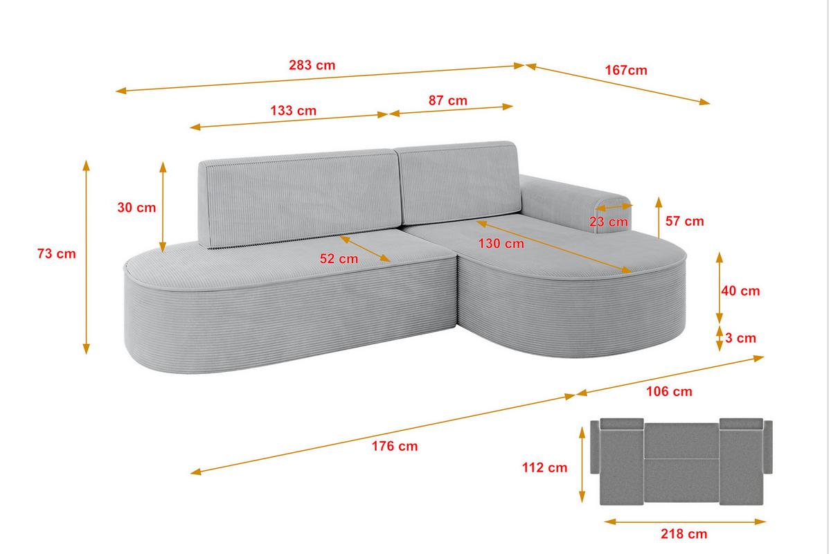 ECKSOFA mit Schlaffunktion und Bettkasten Ottomane Rechts MARI-L1-S - 283x167x73 cm Grau Cord - Graphitfarben/Schwarz, Holzwerkstoff/Kunststoff (167/283cm) - ALTDECOR