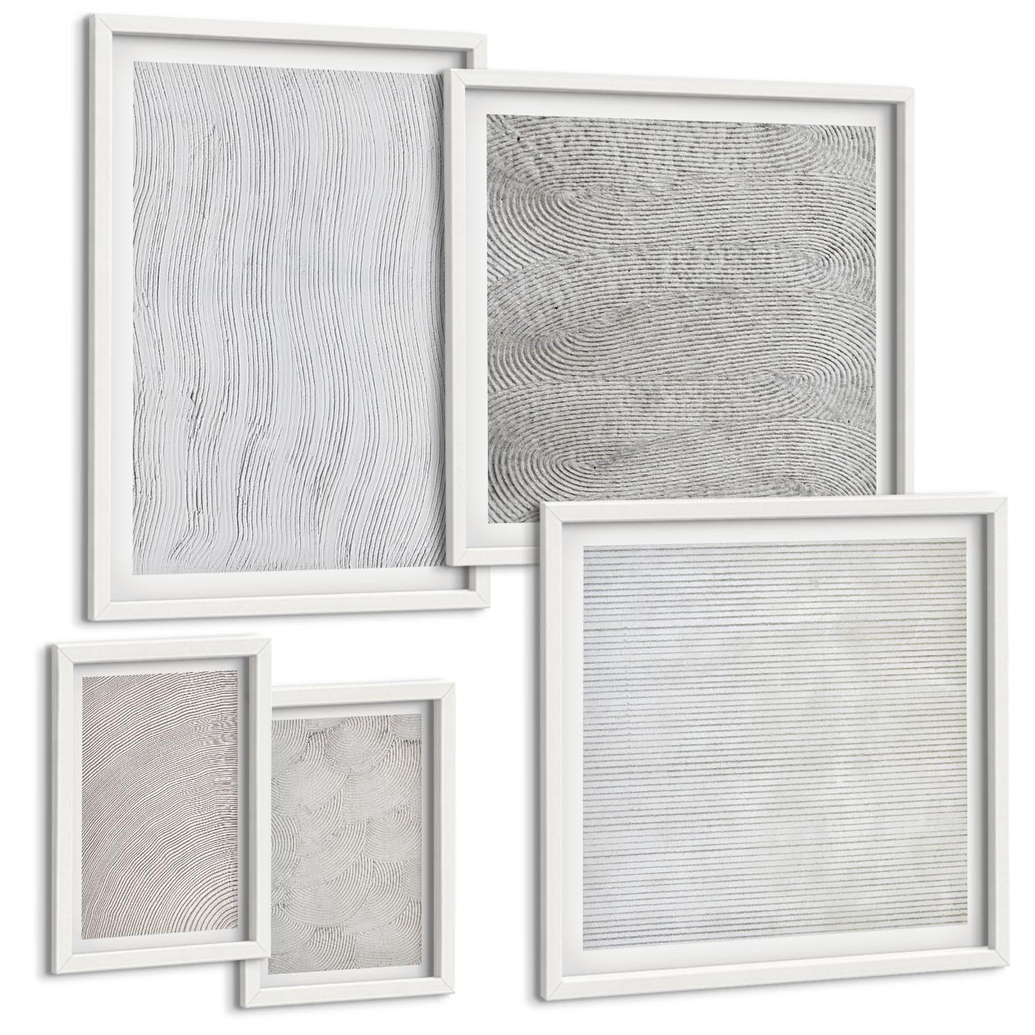 BILDER SET 5er Set - 50x50 cm & 20x30 cm & 40x60 cm Weißer Rahmen - Sandmuster geometrische Strukturen - Weiß, Kunststoff (40/60cm) - TULUP