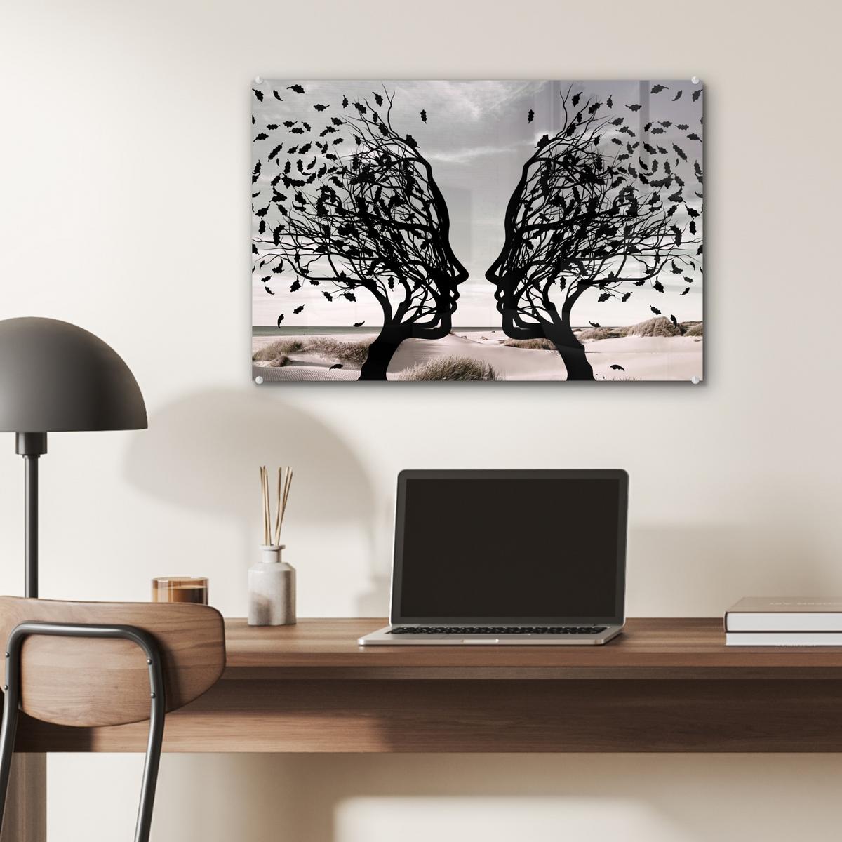 ACRYLGLASBILD Strand - Meer - Menschen - Baum - Moderne Kunst Wanddeko 60x40 cm - Hellgrau, Glas (60/40cm) - MuchoWow