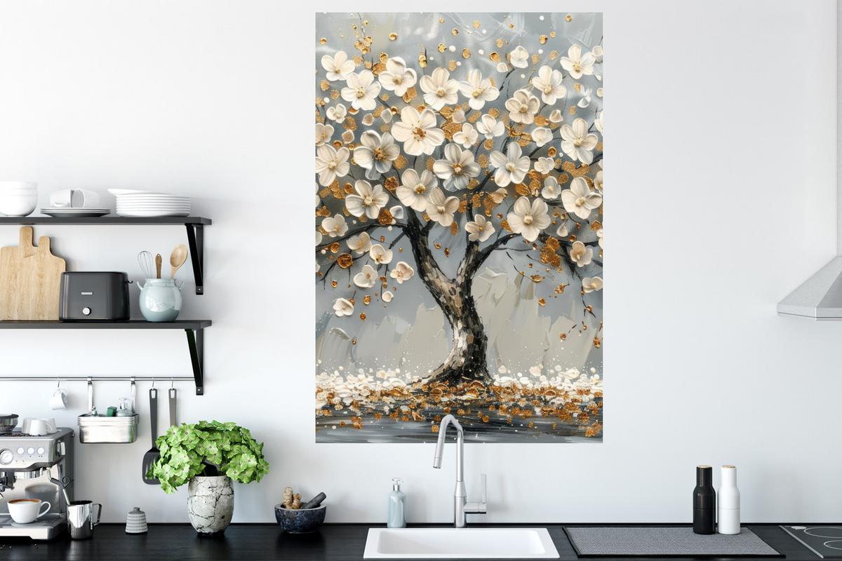 WANDTATTOO Baum - Blumen - Weiß - Natur - Kunst Wandaufkleber 80x120 cm - Weiß, Kunststoff (80/120/0.1cm) - MuchoWow