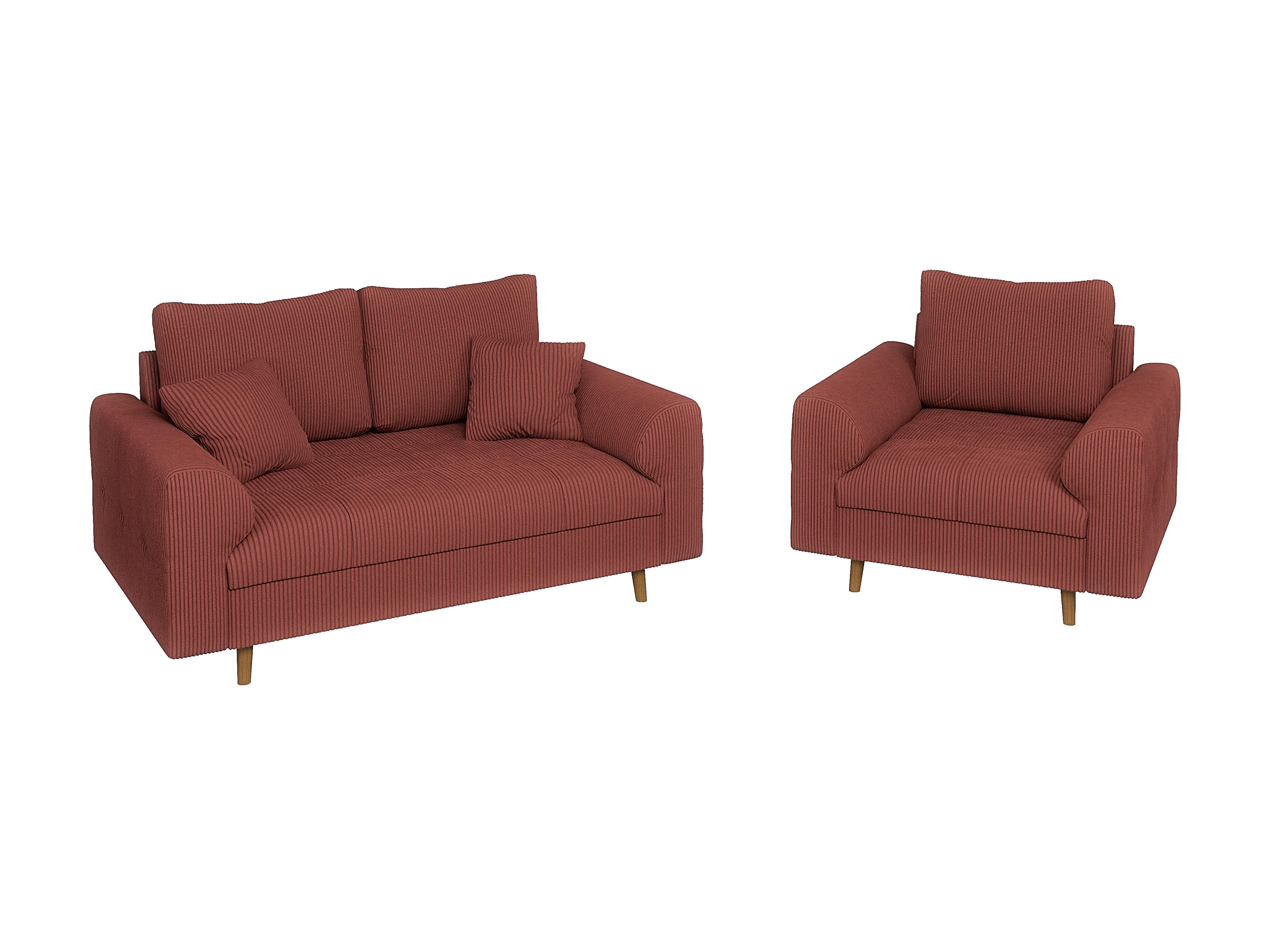 SITZGARNITUR 2+1 Alma Terrakotta Cord - Terracotta/Braun, Holz/Textil (150/81/93cm) - S-Style Möbel