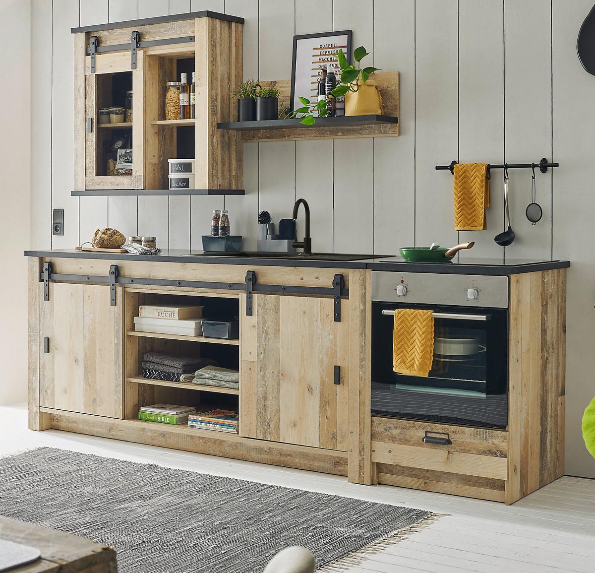 KÜCHENBLOCK in Used Wood Vintage 200 cm, Küchenschrank Set 3-teilig, mit Schiebetüren und Soft-Close - Anthrazit/Schwarz, Glas/Holzwerkstoff (200/200/64cm) - Furn.Design