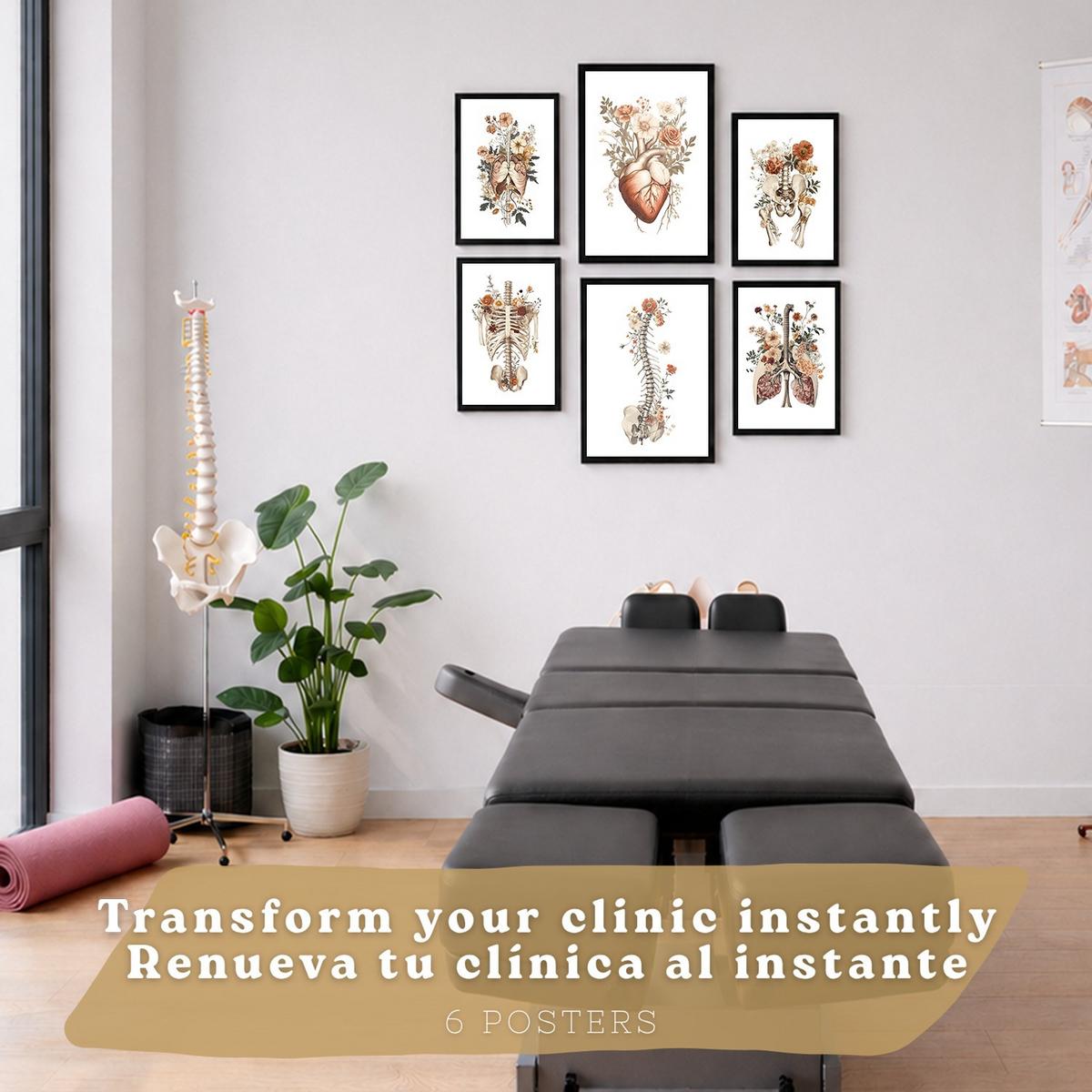 POSTER Set aus 6 Anatomie Mensch Florale Aquarell Drucke und mit Gehirn Lungen Skelett Nieren und Organen Botanische Größe Schwarzer Rahmen A3 & A4 - Schwarz, Papier (21/29.7/3cm) - Nacnic