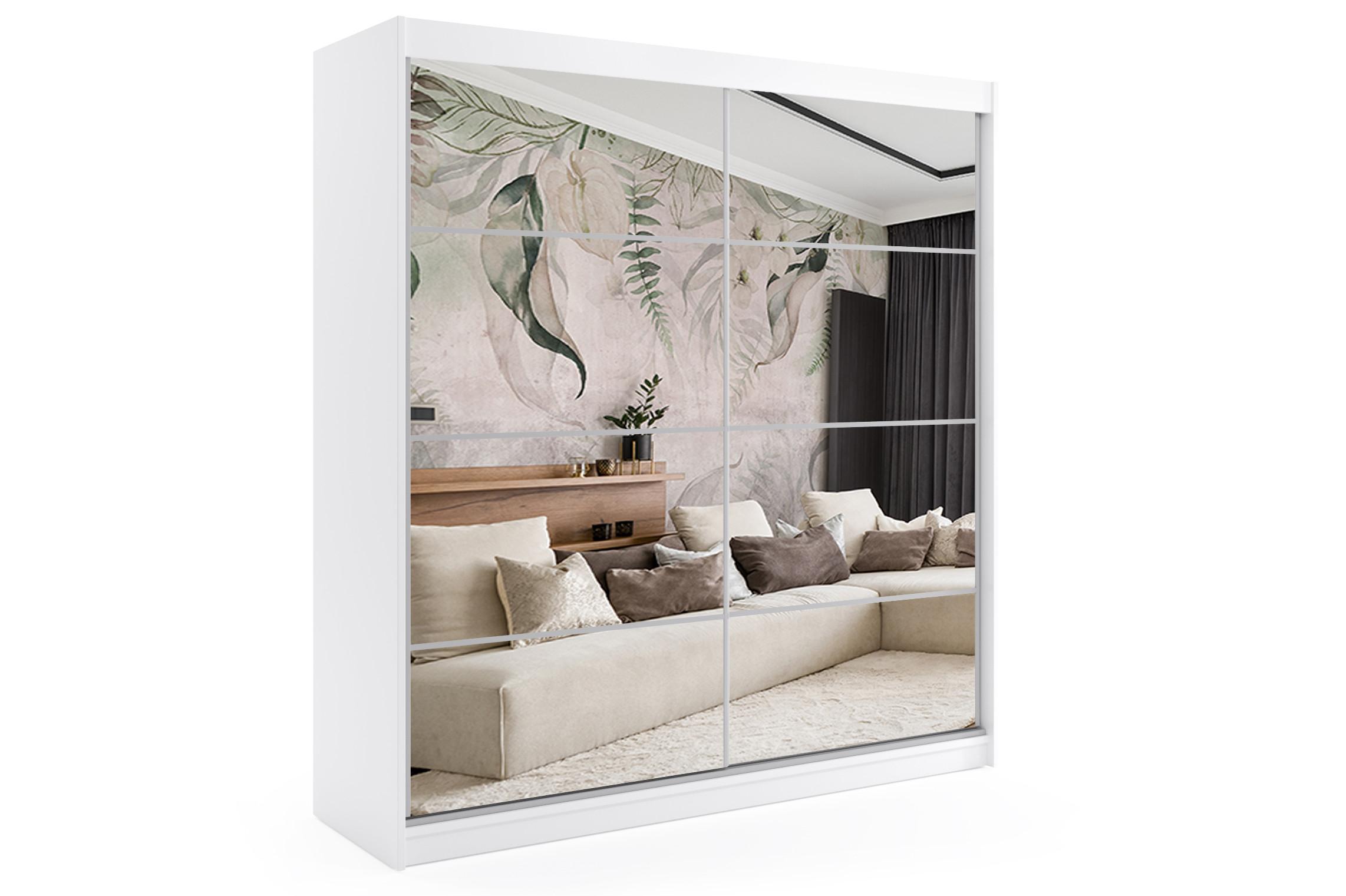 KLEIDERSCHRANK mit Spiegel-Schiebetüren und Aluminium-Leisten, LED-Beleuchtung - VIVI - 200 cm Weiß - Weiß, Holzwerkstoff (200/216/61cm) - ALTDECOR