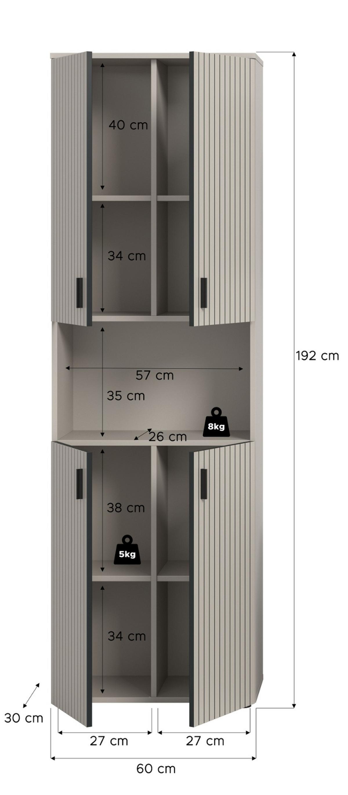 HOCHSCHRANK kaschmir 60 x 192 cm, Badschrank 4-türig - Kaschmir/Schwarz, Holzwerkstoff/Kunststoff (60/192/30cm) - Inn.Furn