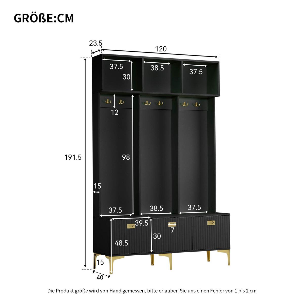 GARDEROBEN schwarz & gold, mit sitzbank und 6 haken - Schwarz, Holzwerkstoff (120/191/40cm) - Urban Meuble