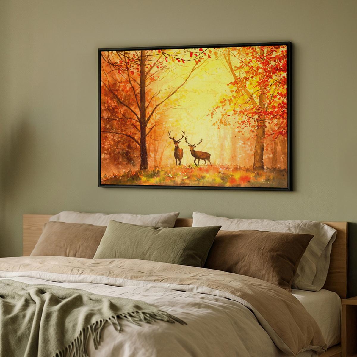 LEINWAND Bilder mit Rahmen - Natur - Ölfarbe - Hirsche - Tiere - Herbst - Orange - 100x70 - Orange, Textil (100/70cm) - MuchoWow