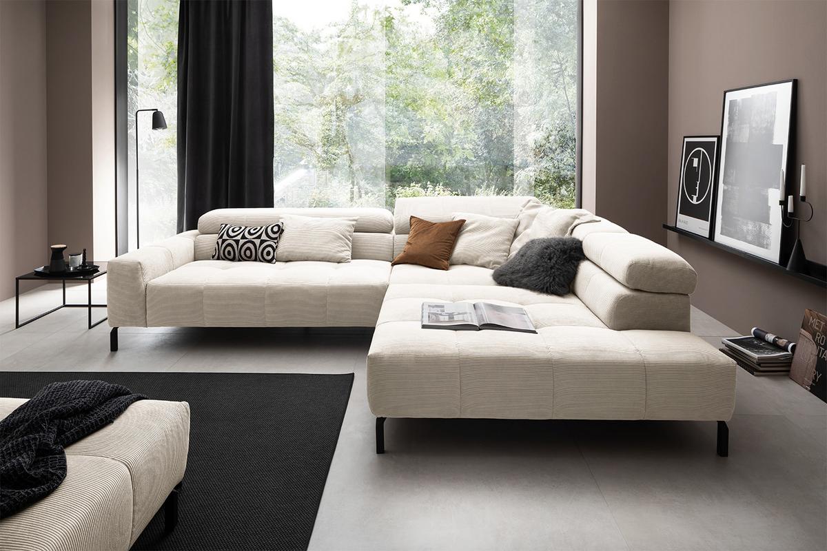 ECKSOFA MIT MOTORISCHEM SITZVORZUG OHIO Weiß Cord Relaxfunktion - Schwarz/Weiß, Textil/Metall (311/219cm) - KAWOLA