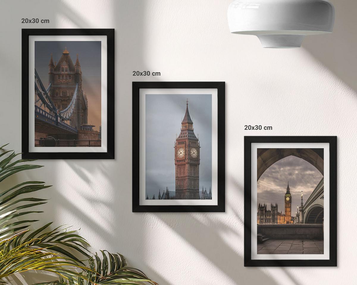 BILDER SET 3er Set - 20x30 cm Schwarzer Rahmen - London Bridge Big Ben Uhr - Schwarz, Kunststoff (20/30cm) - TULUP