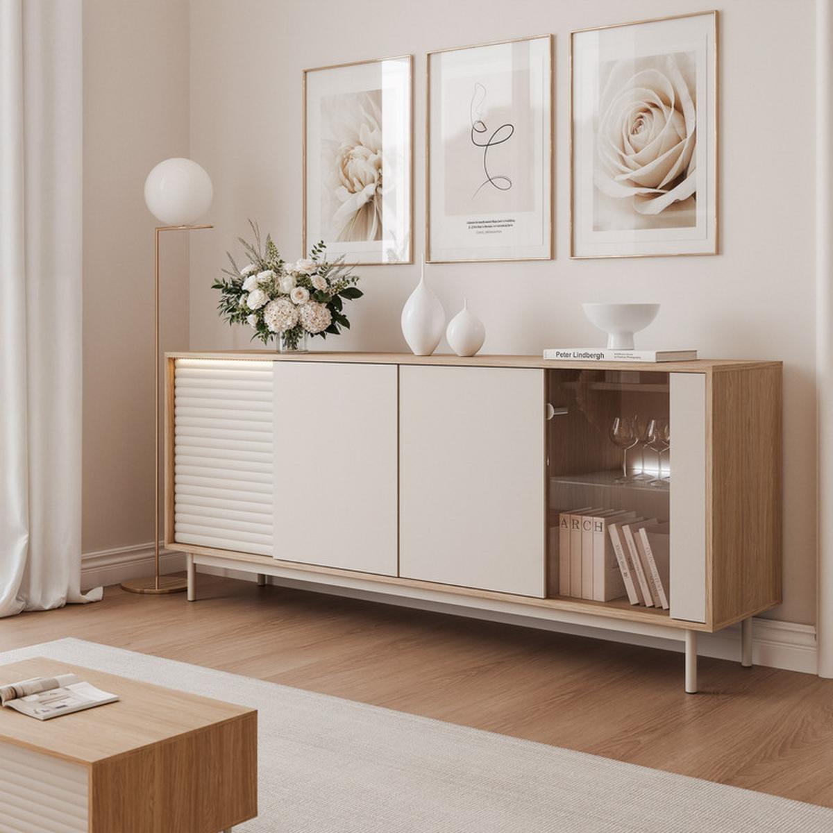 KOMMODE LUSSO 184 cm, Eiche / Kaschmir - Eichefarben, Holzwerkstoff/Metall (184/77/40cm) - Idohome