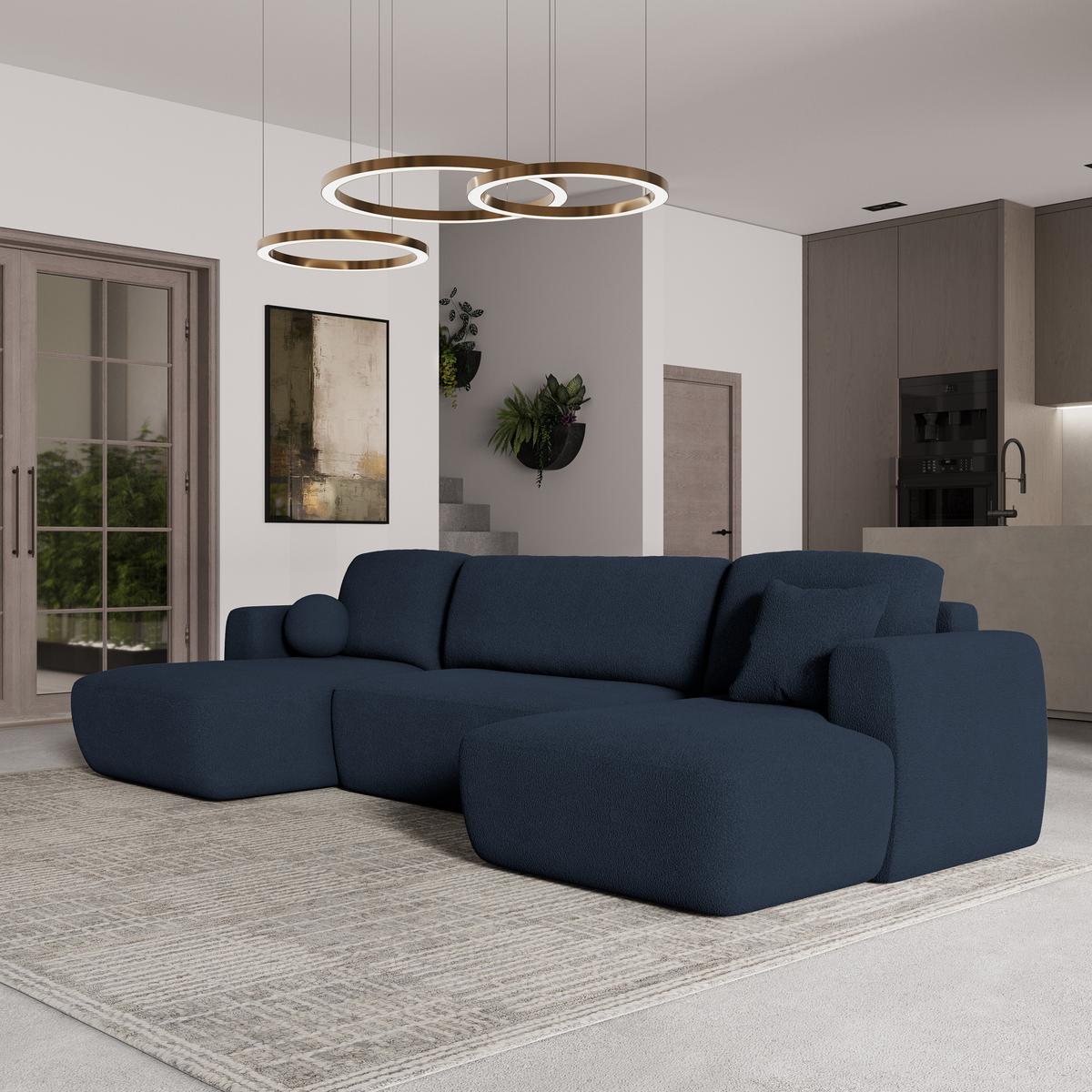 WOHNLANDSCHAFT SENTUM N Blau Boucle-Stoff mit Schlaffunktion - Blau/Schwarz, Holz/Kunststoff (330/90/148cm) - MASSENO