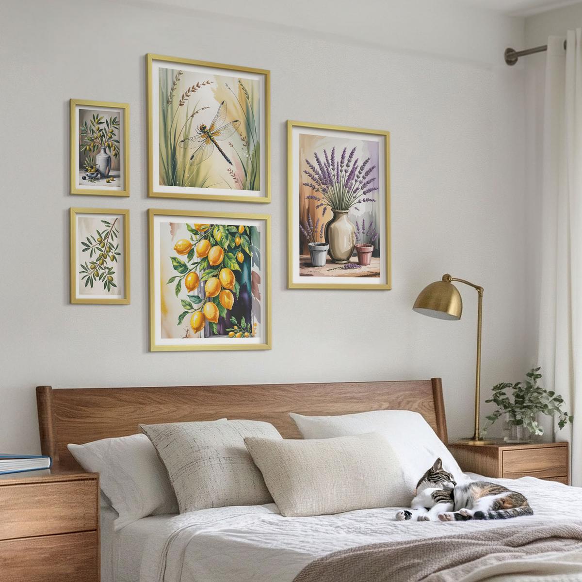 BILDER SET 5er Set - 50x50 cm & 20x30 cm & 40x60 cm Goldrahmen - Lavendelblüten und Architektur - Goldfarben, Kunststoff (40/60cm) - TULUP