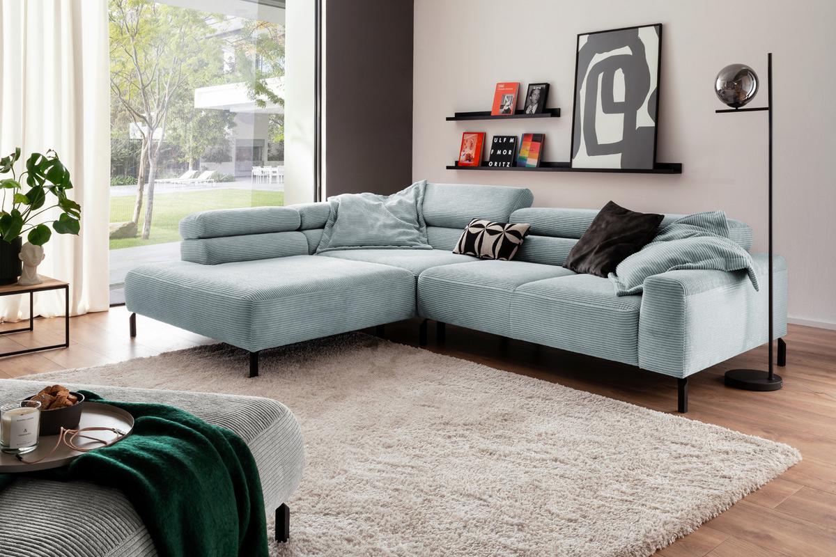 ECKSOFA DELIA Hellblau Cord - Schwarz/Hellblau, Textil/Metall (276/219cm) - KAWOLA