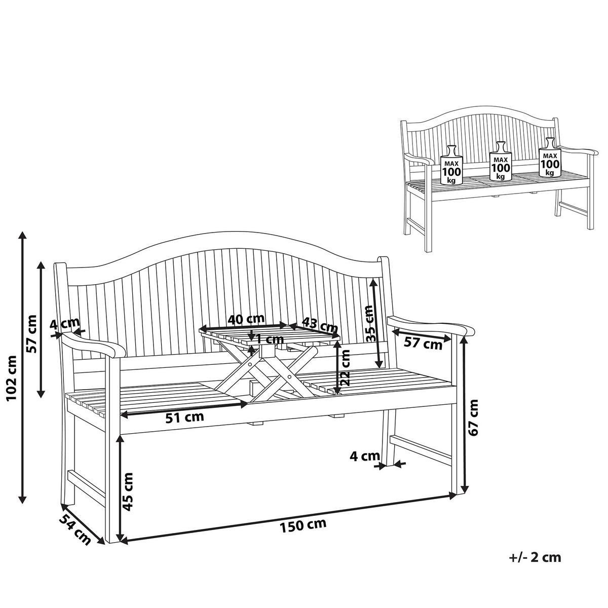 GARTENBANK Akazienholz hellbraun aufklappbarer Abstelltisch 150 cm Hilo - Hellbraun, Holz (150/102/54cm) - Beliani