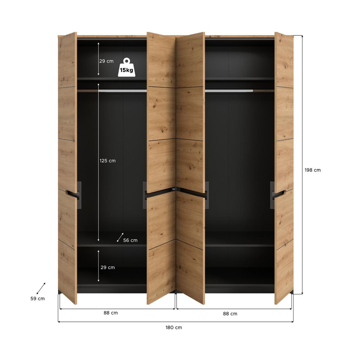KLEIDERSCHRANK Eiche Artisan, grau 4-türig 180 cm, Drehtürenschrank mit Soft-Close - Eiche Artisan/Grau, Holzwerkstoff/Metall (180/198/59cm) - Inn.Furn