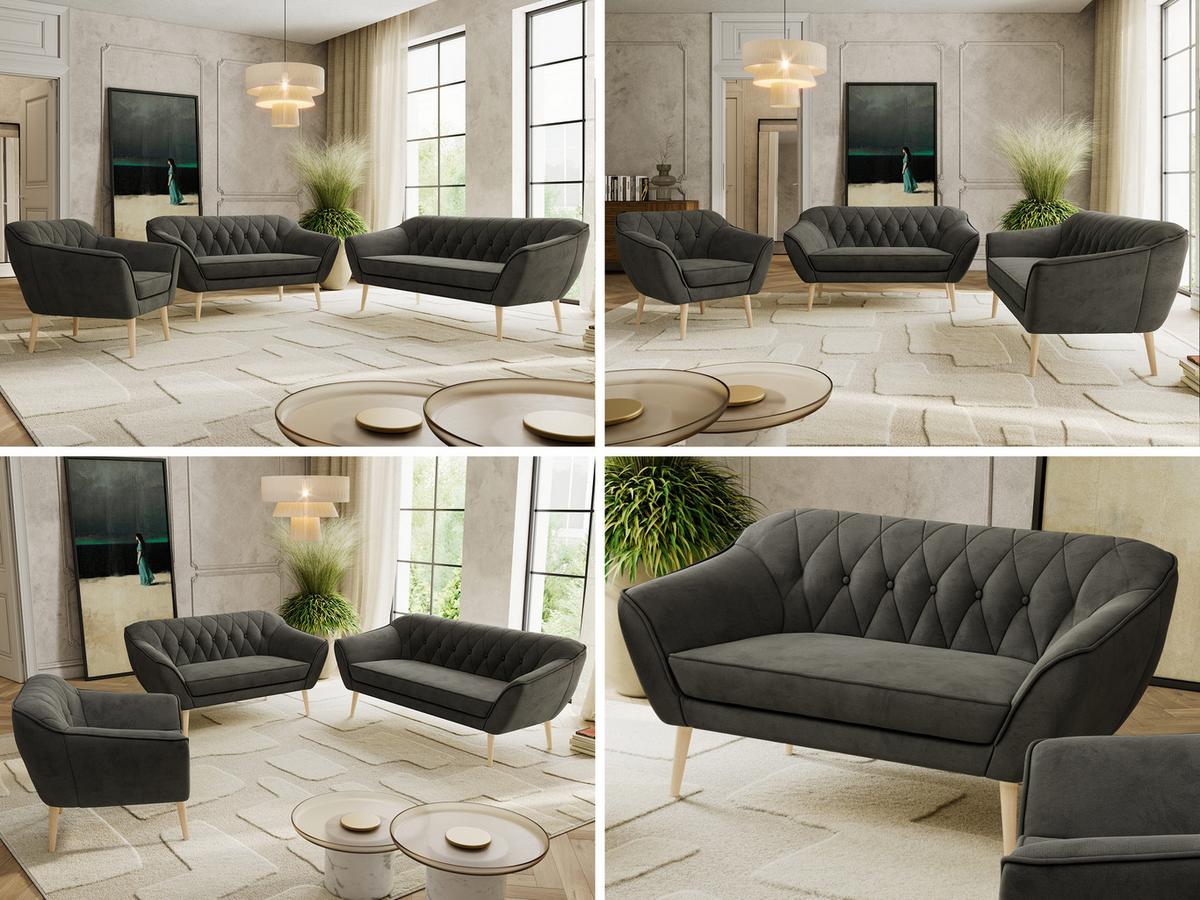 SITZGARNITUR PIRS 3+2+1 - Dunkelgrau Velvet - Holzbeine - Dunkelgrau/Buchefarben, Holzwerkstoff/Textil (180/75/74cm) - MKS
