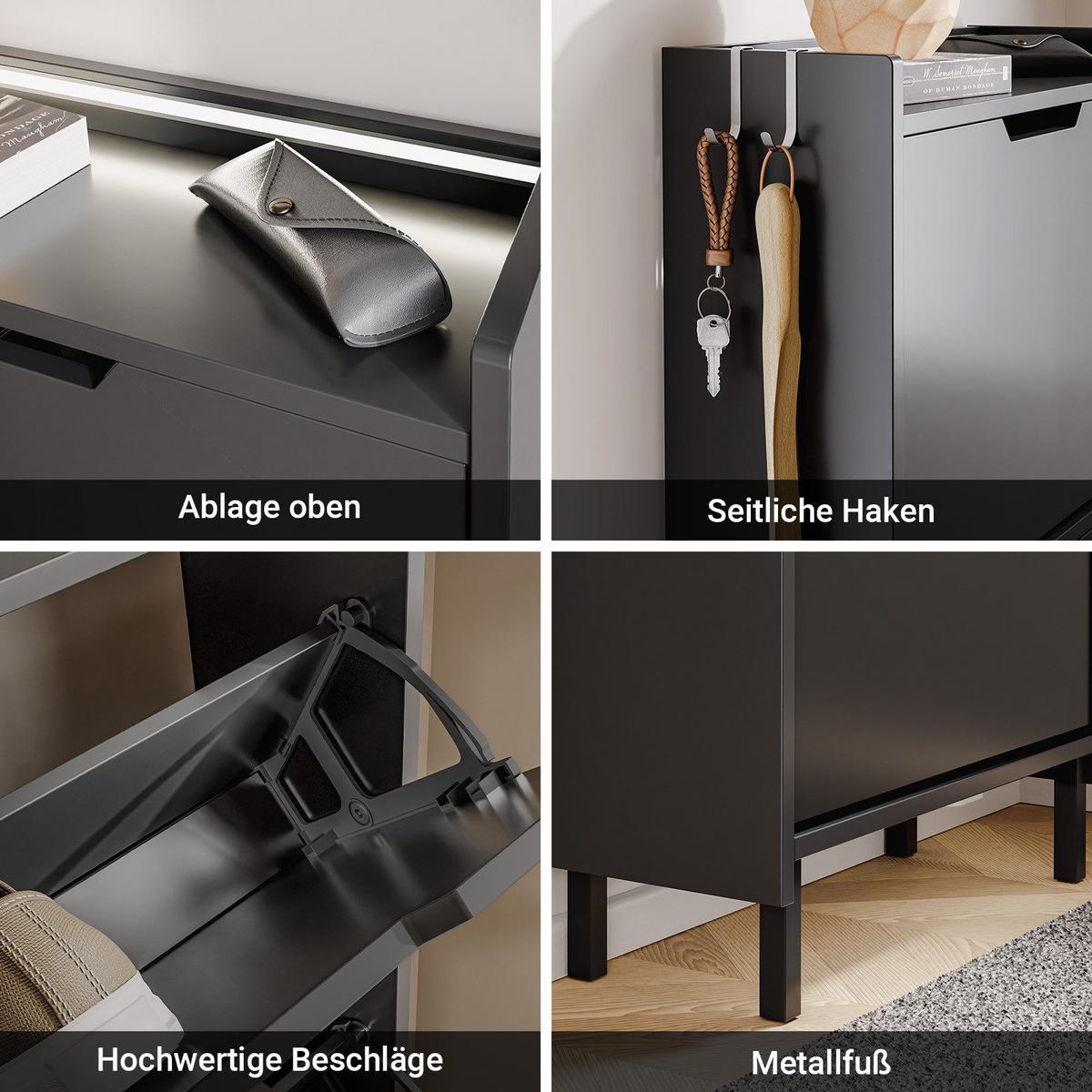 SCHUHSCHRANK mit 3 Klappen und Sensorlicht Schwarz 50x19x131cm - Schwarz, Holzwerkstoff (19/131/50cm) - SoBuy