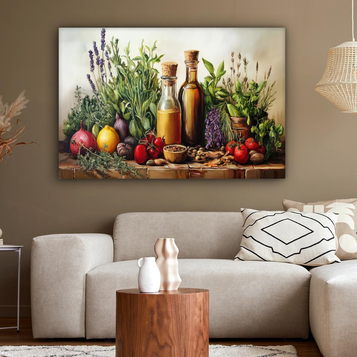 LEINWANDBILD Stilleben - Kräuter - Gewürze - Früchte - Farbenfroh Wohnzimmer Groß 120x80 cm - Grün, Textil (120/80cm) - MuchoWow