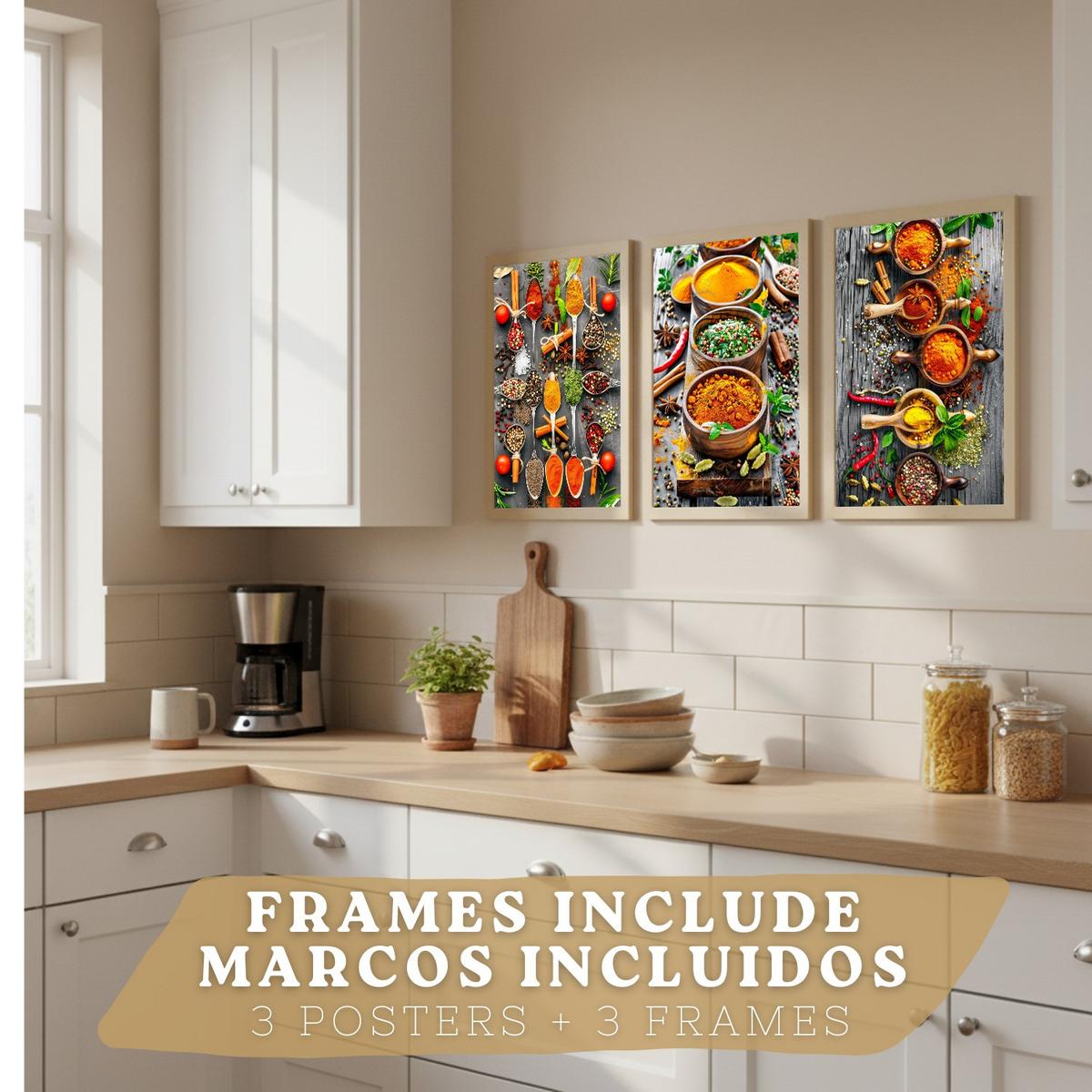 POSTER 3er Set Gewürze und Kräuter Wandbilder Aromatische Zutaten Food Fotografie Küche Esszimmer Deko Leichter Holzrahmen A3 - Beige, Papier (29.7/1/42cm) - Nacnic