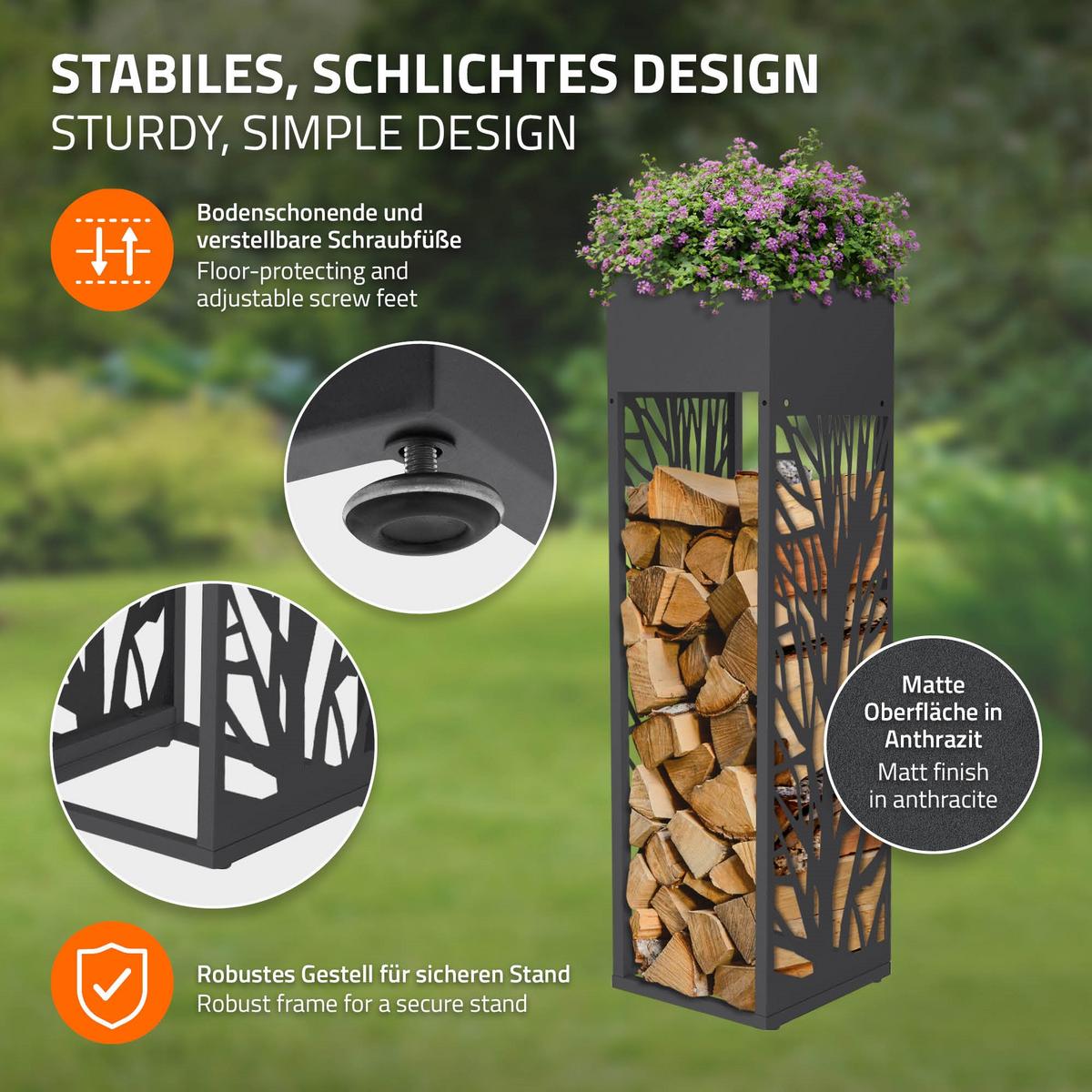 KAMINHOLZREGAL Innen Außen Metall Brennholzregal mit Pflanzkasten Stahl Verzinkt Anthrazit 30x30x111 cm Zweige-Motiv - Anthrazit, Metall (30/111/30cm) - ML-DESIGN