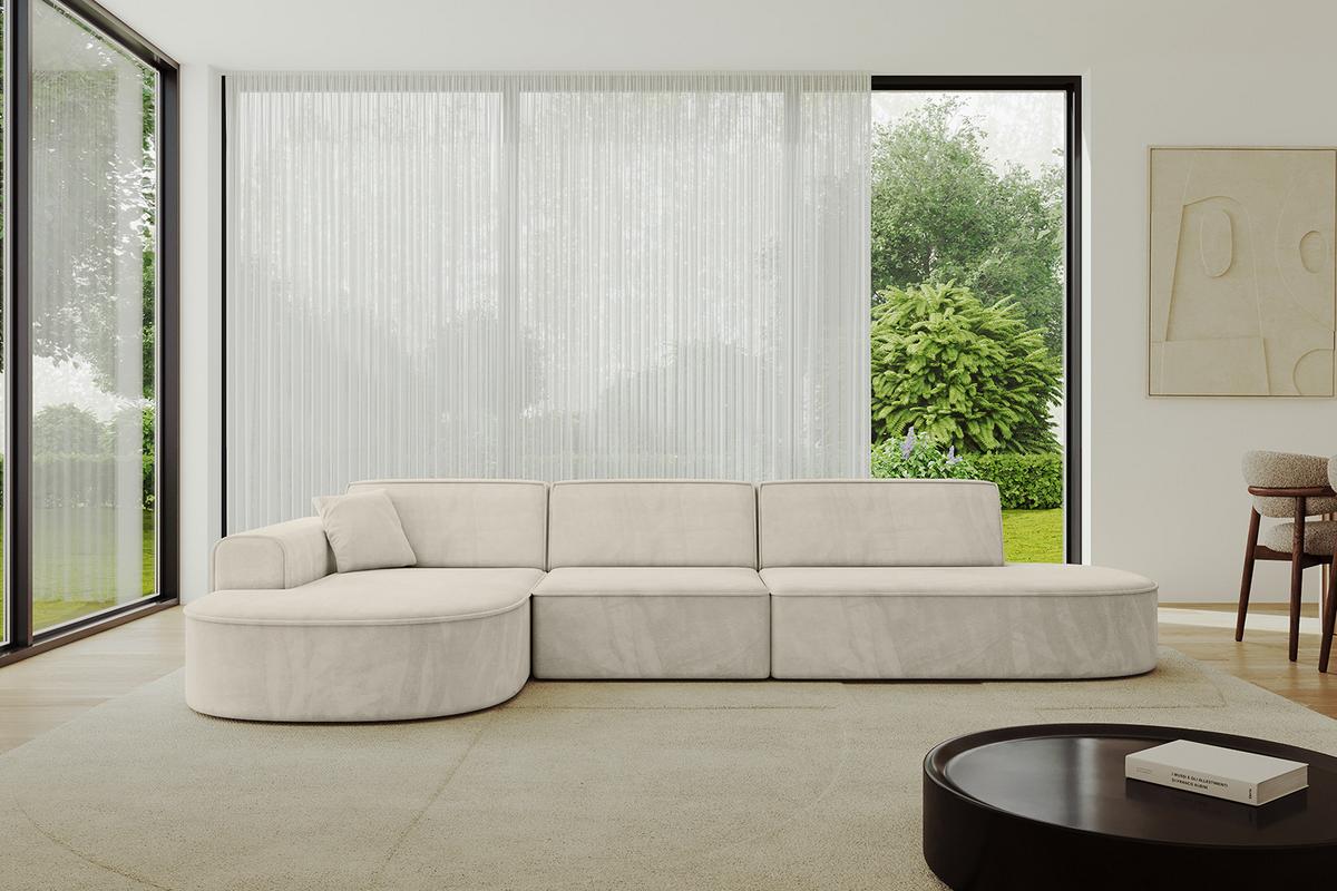 ECKSOFA Ottomane Links MARI-L2 - 328x171x79 cm Ecru Velours - Ecru/Schwarz, Holzwerkstoff/Kunststoff (328/171cm) - ALTDECOR