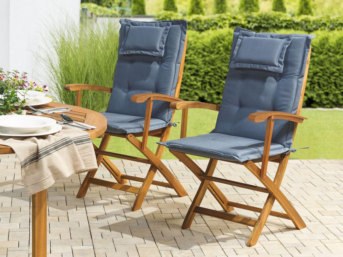 GARTENSTUHL 2er-Set Akazienholz hellbraun Auflagen blau Maui - Hellbraun/Blau, Holz (42/93/48cm) - Beliani