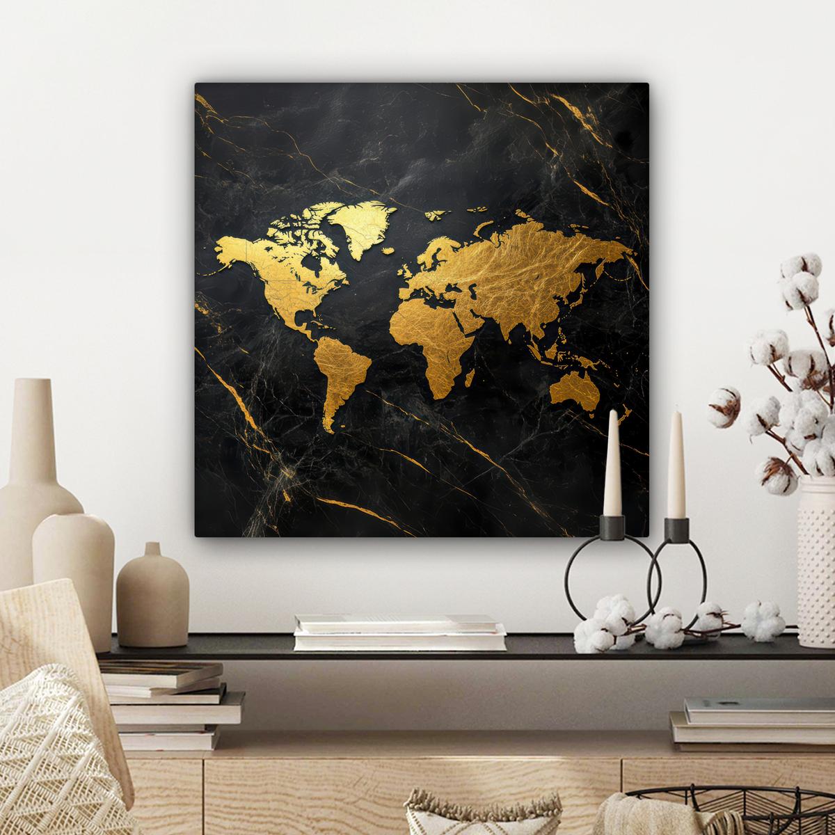 LEINWANDBILD Weltkarte - Gold - Marmor Wandbild Wohnzimmer 50x50 cm - Goldfarben, Textil (50/50cm) - MuchoWow