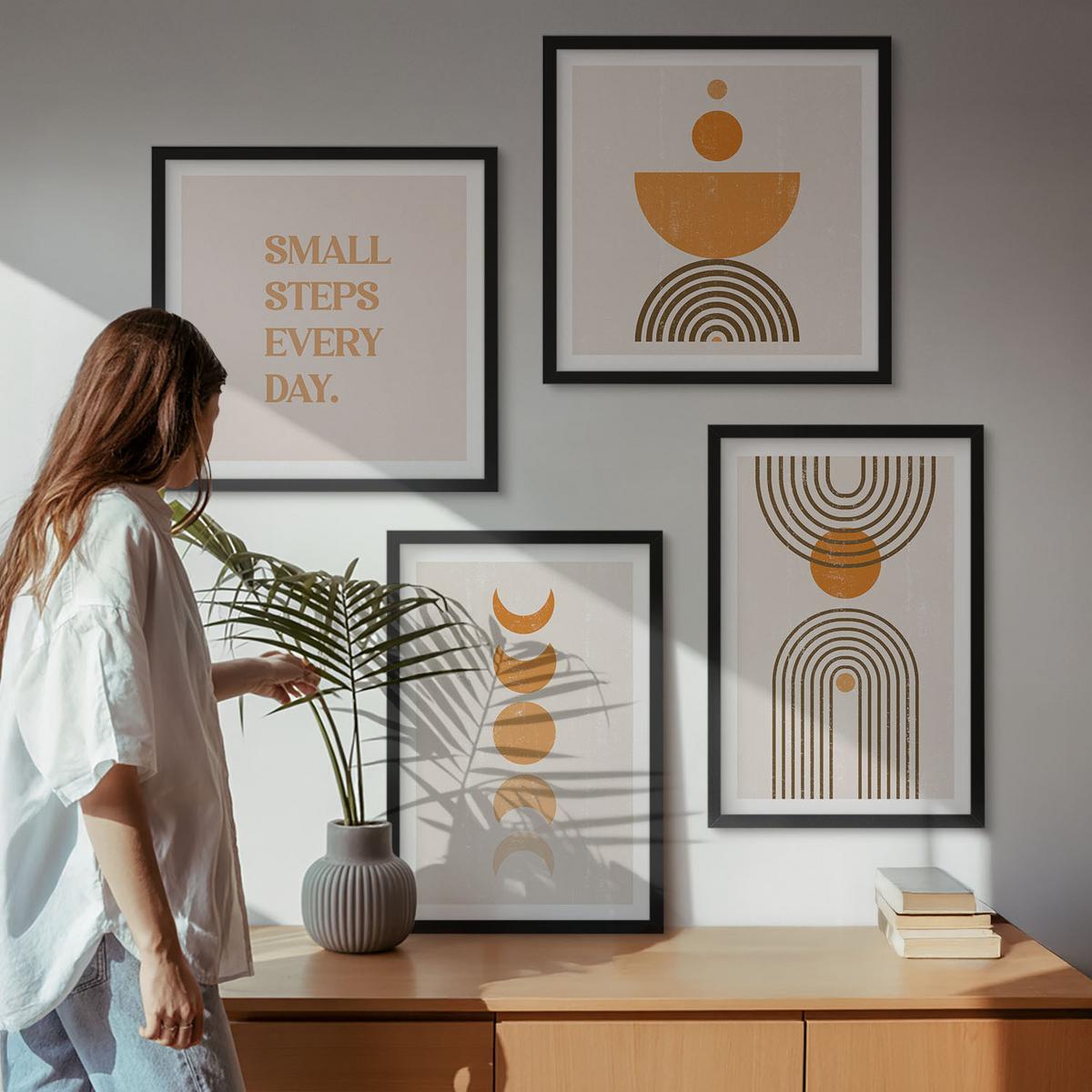 BILDER SET 4er Set - 50x50 cm & 40x60 cm Schwarzer Rahmen - Minimalistische Boho-Muster - Schwarz, Kunststoff (50/50cm) - TULUP