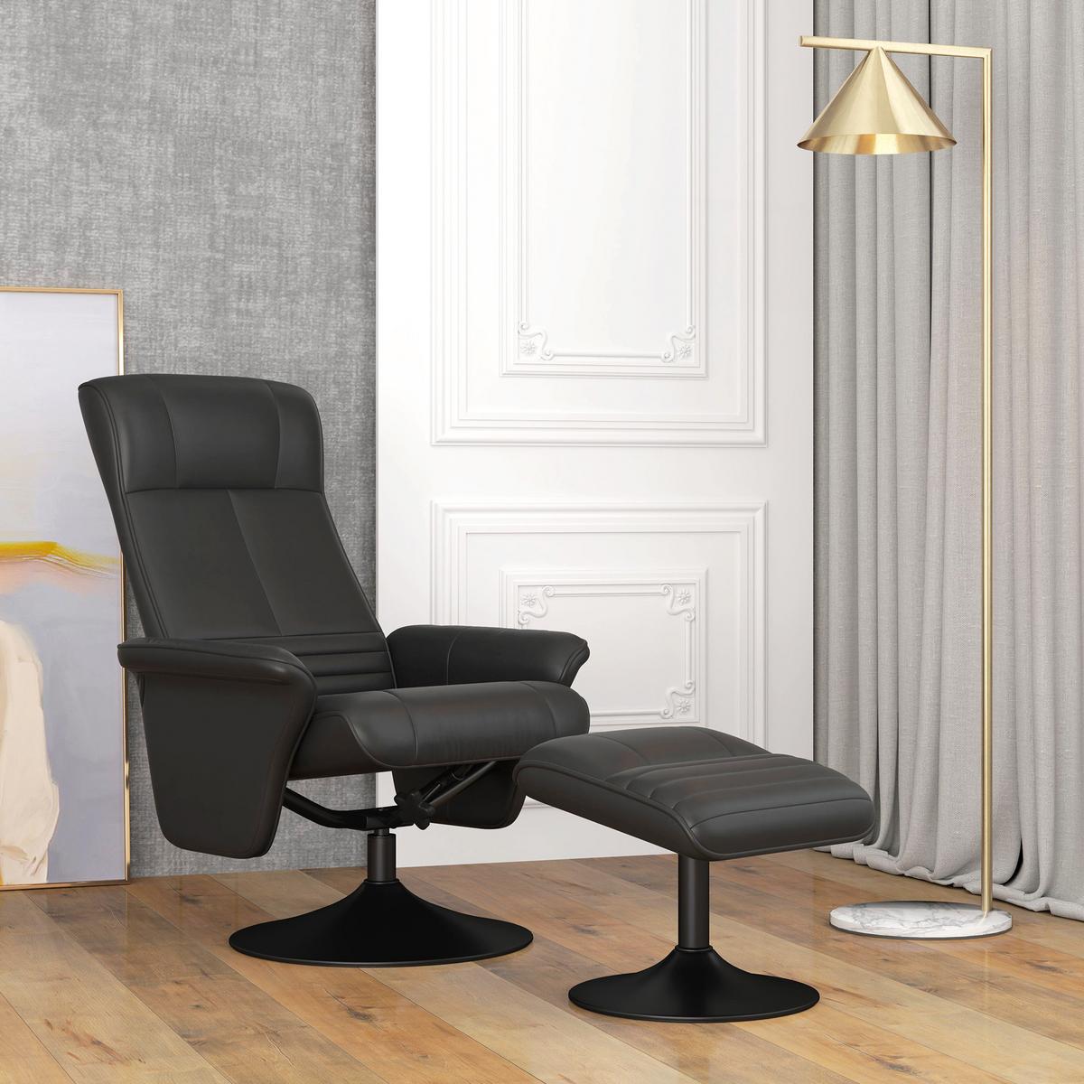 RELAXSESSEL mit Hocker Drehbarer Fernsehsessel mit Liegefunktion Mikrofasertuch - Schwarz, Textil/Metall (71/104/69cm) - HOMCOM