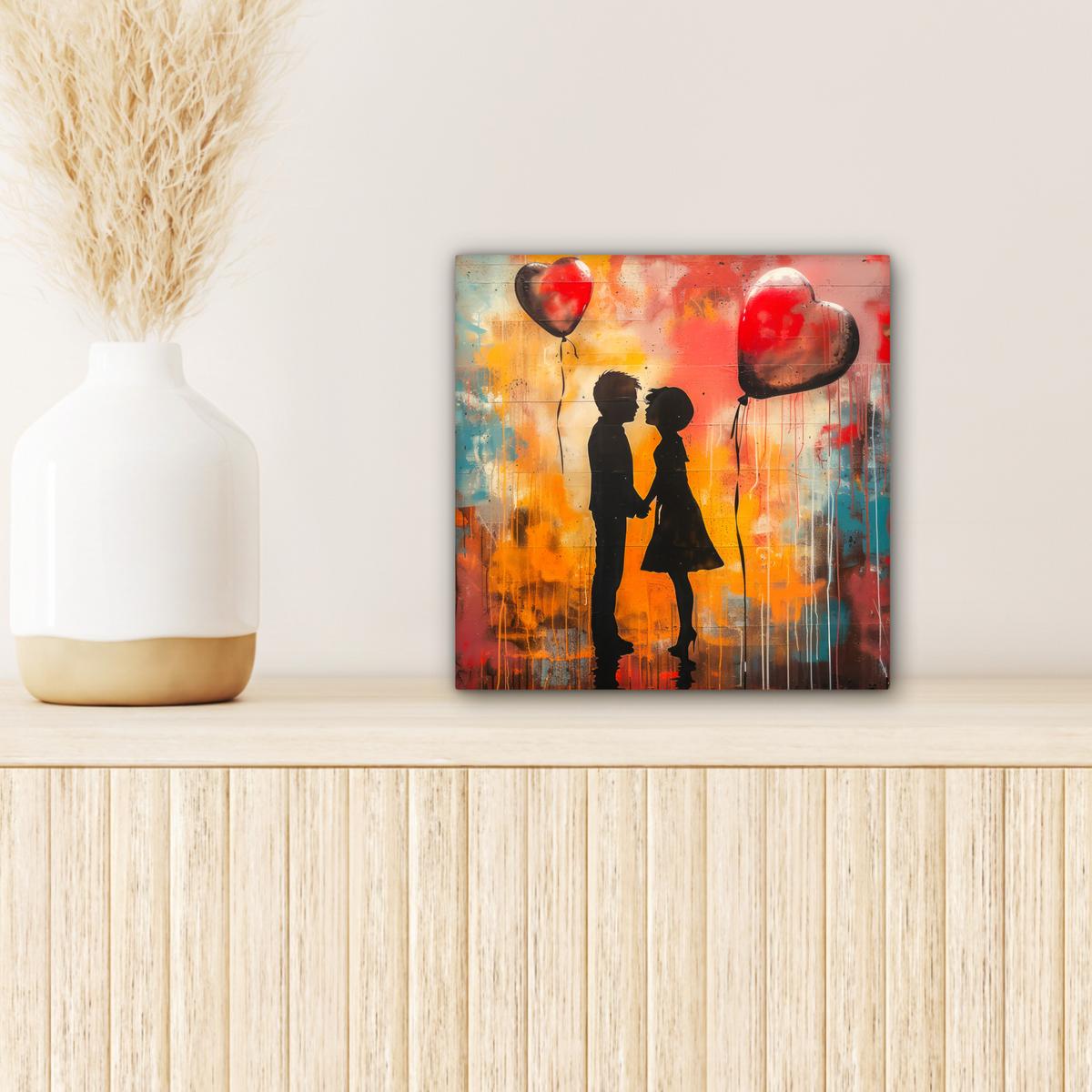 LEINWANDBILD Straßenkunst - Liebe - Graffiti - Kunst - Banksy Deko Wohnzimmer 20x20 cm - Orange, Textil (20/20cm) - MuchoWow