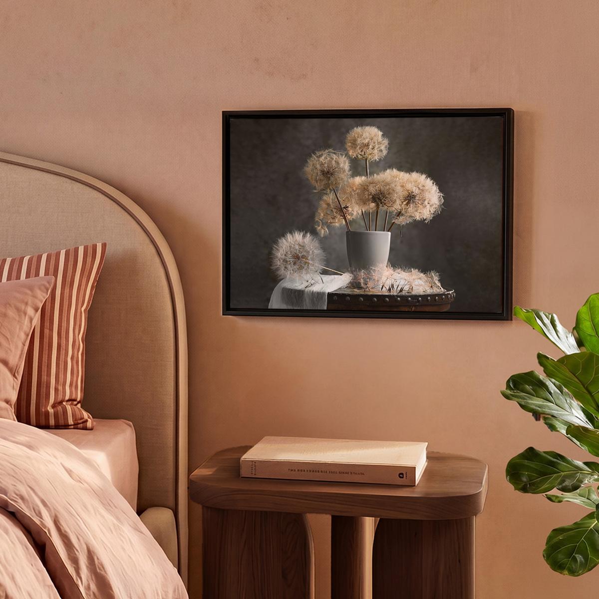 LEINWAND Bilder mit Rahmen - Blumensamen - Löwenzahn - Vase - Stilleben - Blumenstrauß - 40x30 - Dunkelgrau, Textil (40/30cm) - MuchoWow