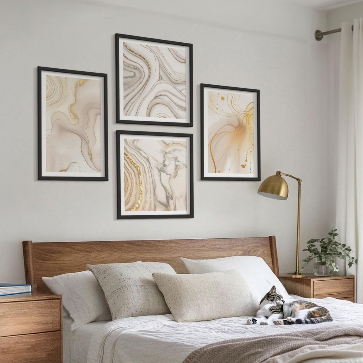 BILDER SET 4er Set - 50x50 cm & 40x60 cm Schwarzer Rahmen - Subtile abstrakte Muster - Schwarz, Kunststoff (50/50cm) - TULUP