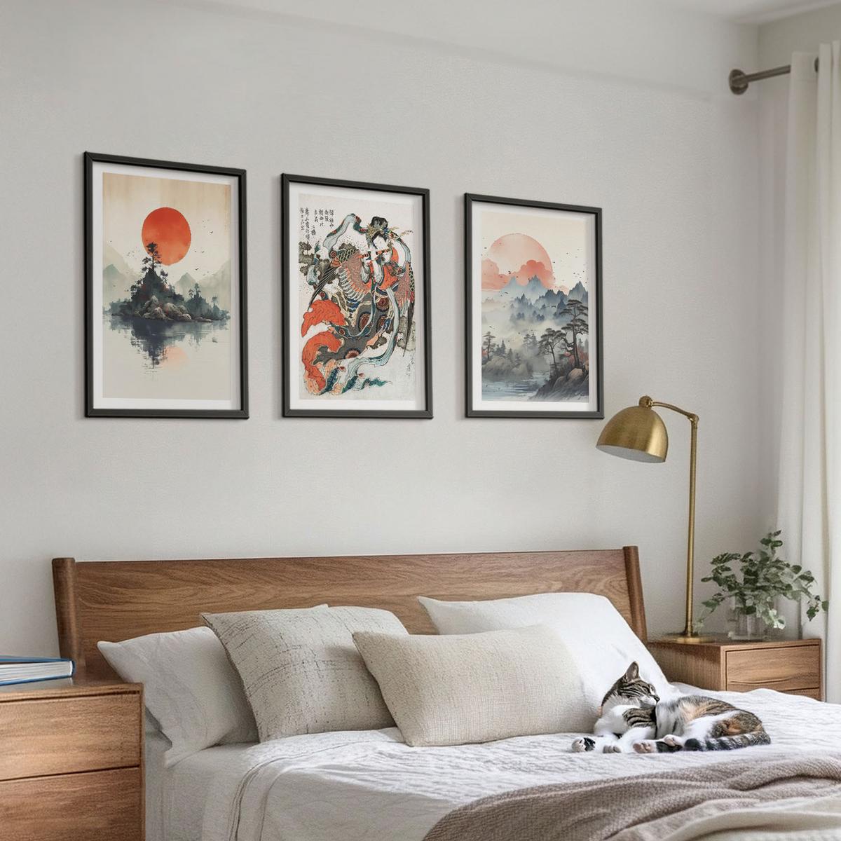 BILDER SET 3er Set - 40x60 cm Schwarzer Rahmen - Asiatische Japandi-Malereien - Schwarz, Kunststoff (40/60cm) - TULUP