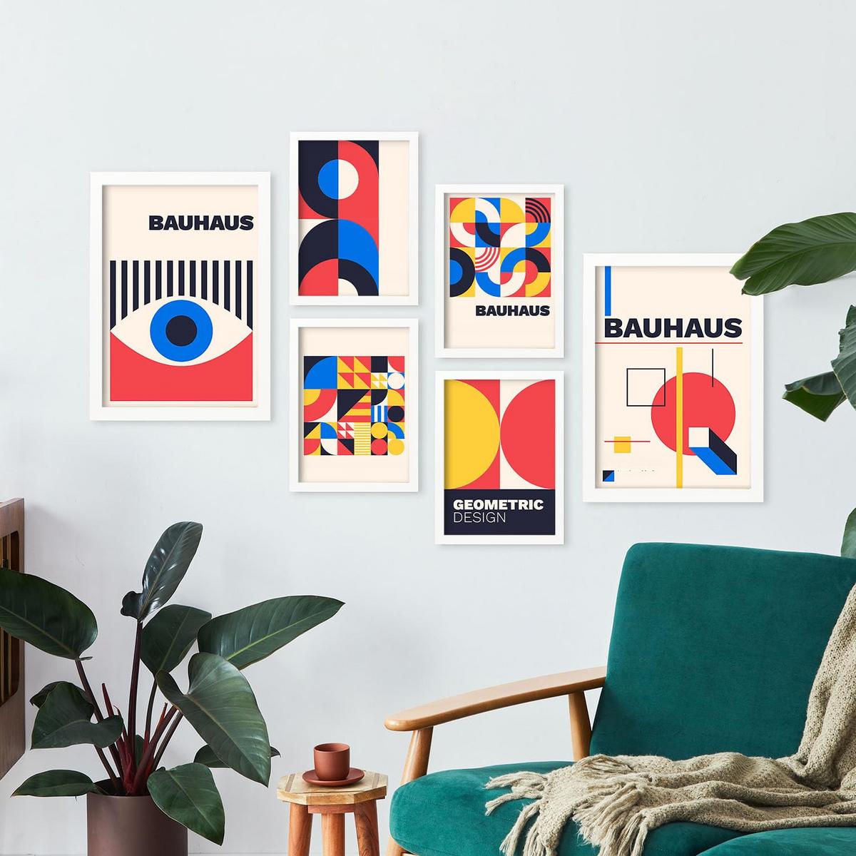 POSTER Set Mit 6 Drucken Im Bauhaus 3 Geometrische Designkollektion Drucke Mit Frames Ästhetische Dekorative Rahmen Für Zuhause A3 & A4 Weißer Rahmen - Weiß, Papier (29/3cm) - Nacnic