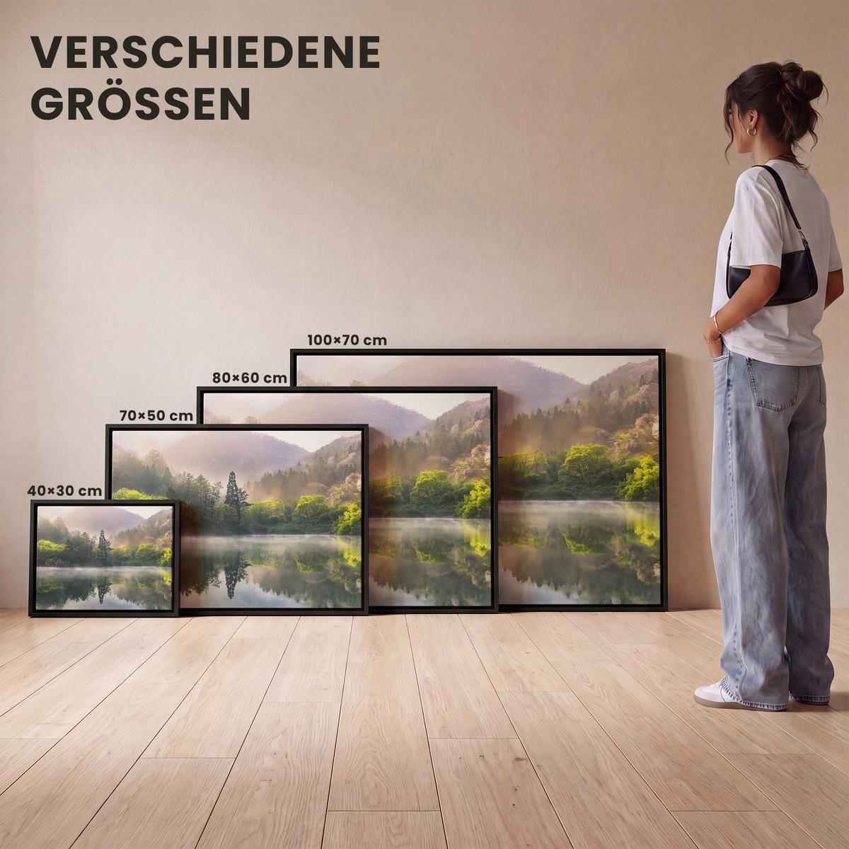 LEINWAND Bilder mit Rahmen - Natur - Bäume - Berge - See - Wasser - 70x50 - Hellgrün, Textil (70/50cm) - MuchoWow