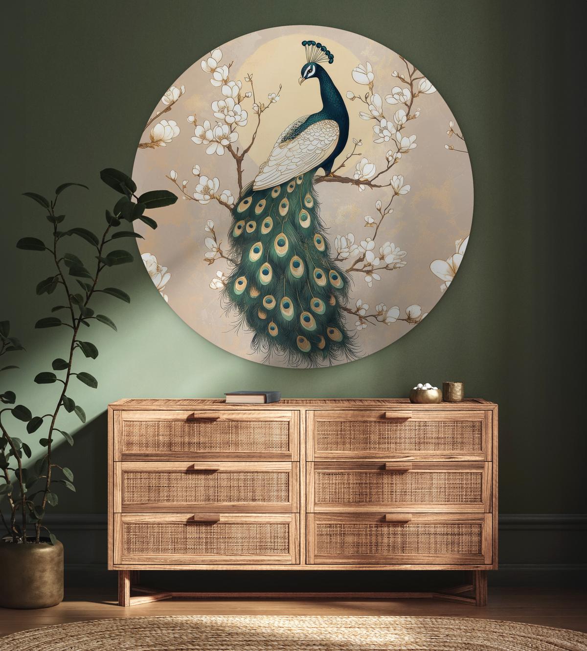 WANDBILD Pfau - Zweig - Blumen Wandbild 120x120 cm - Champagner, Kunststoff (120/120cm) - MuchoWow